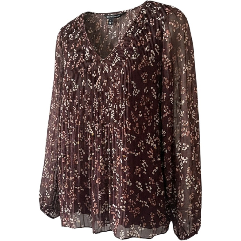 41 Hawthorn Women Burgundy Floral Pleated V-Neck Balloon Sleeve Blouse Small NEW